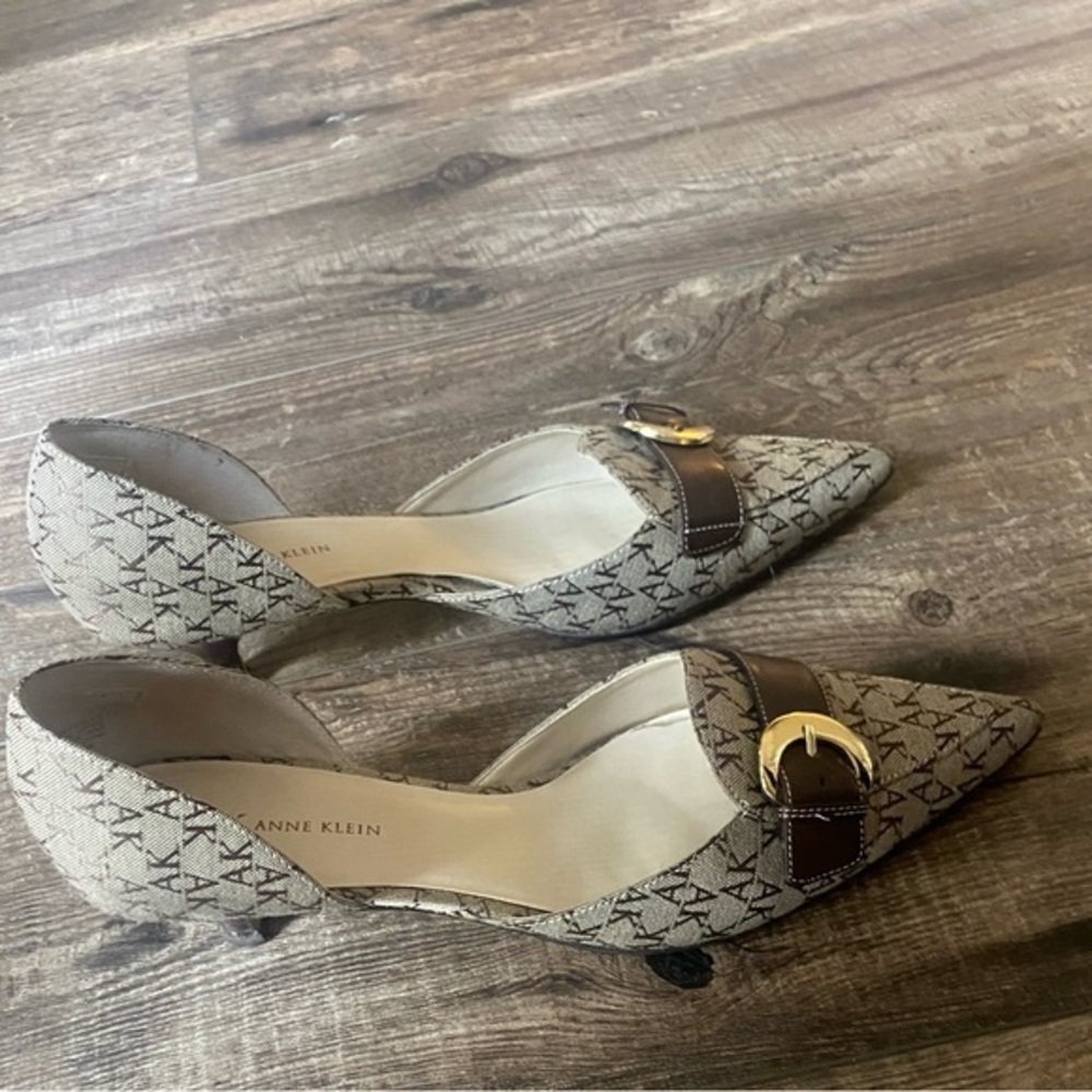 Anne Klein Shoes Monogram AK low heel open side canvas heels pointed toe
